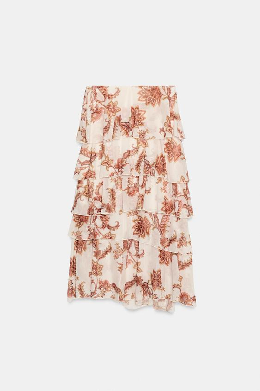 ZARA ЮБКА С ПРИНТОМ И ВОЛАНАМИ, НЕЖНО-КОРИЧНЕВЫЙ