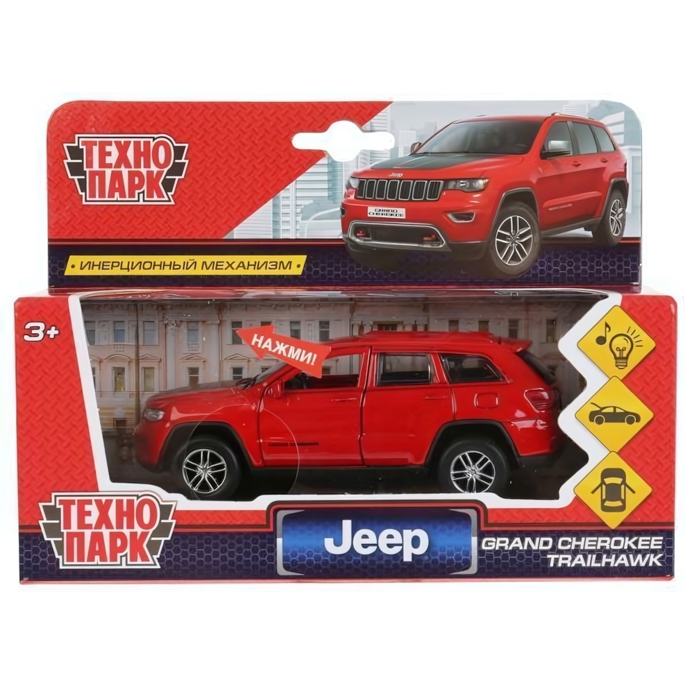 Модель ин. мет. 12см, "Jeep grand cherokee" свет-звук, красный в коробка (Технопарк)