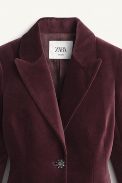 ZARA ПРИТАЛЕННЫЙ БАРХАТНЫЙ БЛЕЙЗЕР - LIMITED EDITION, ВИННЫЙ