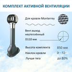 Комплект активной вентиляции: Вентиляционный выход D110 не утепленный высота H=500 мм, проходной элемент для металлочерепицы Monterrey, турбодефлектор Ø 110 мм из оцинкованного металла, серый