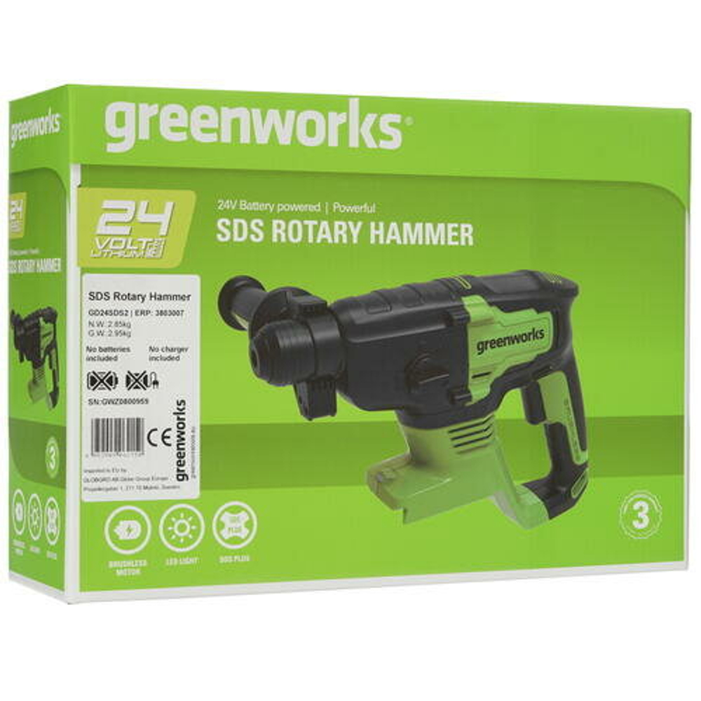 Перфоратор аккумуляторный GREENWORKS GD24SDS2 24В,SDS+,2ДЖ,б/щ,без АКБ и ЗУ (3803007)