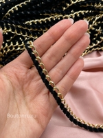 Тесьма цепь золотистая  с черной бархатной лентой