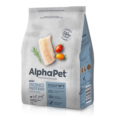 Сухой корм AlphaPet Superpremium MONOPROTEIN для взрослых собак мелких пород из белой рыбы