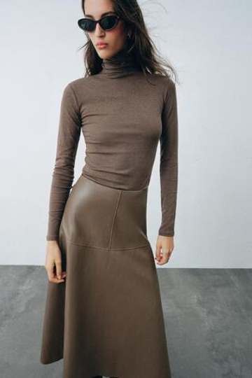 ZARA ФУТБОЛКА С ВЫСОКИМ ВОРОТНИКОМ, КОРИЧНЕВЫЙ МЕЛАНЖ