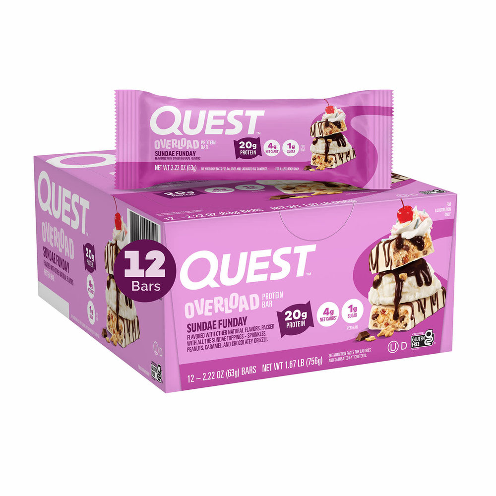 Quest Nutrition, Overload Protein Bar, Sundae Funday, 12 батончиков (63 г (2,22 унции))