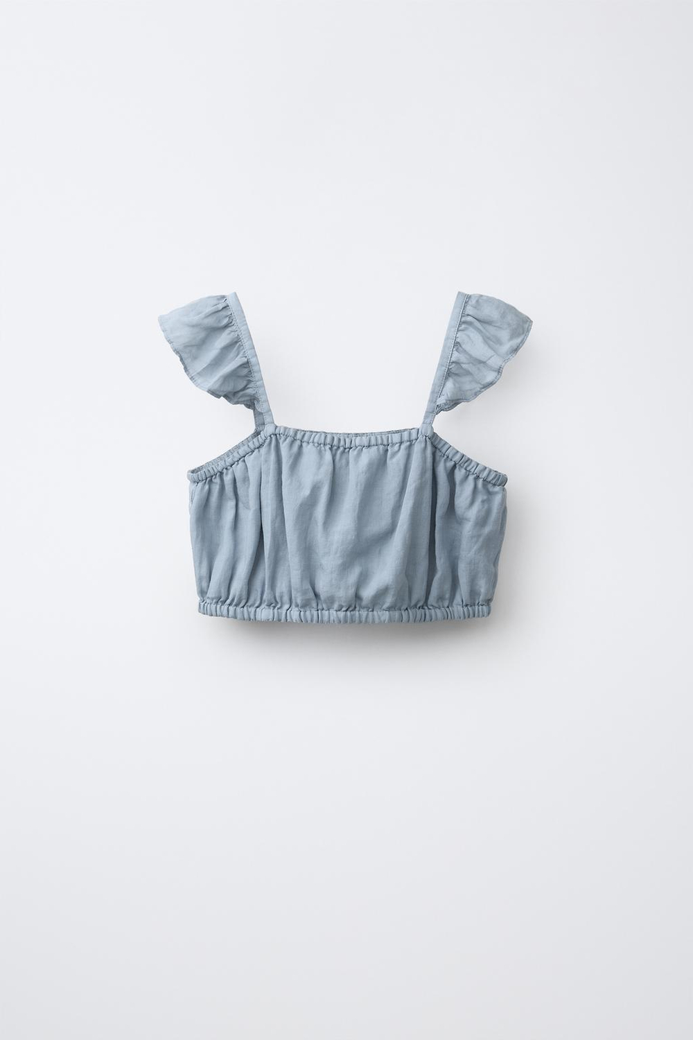ZARA УКОРОЧЕННЫЙ ТОП ИЗ 100% РАМИ, СЕРО-СИНИЙ