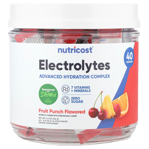 Nutricost, Электролиты, улучшенный комплекс для увлажнения, фруктовый пунш, 40 пакетиков по 4 г (0,14 унции)
