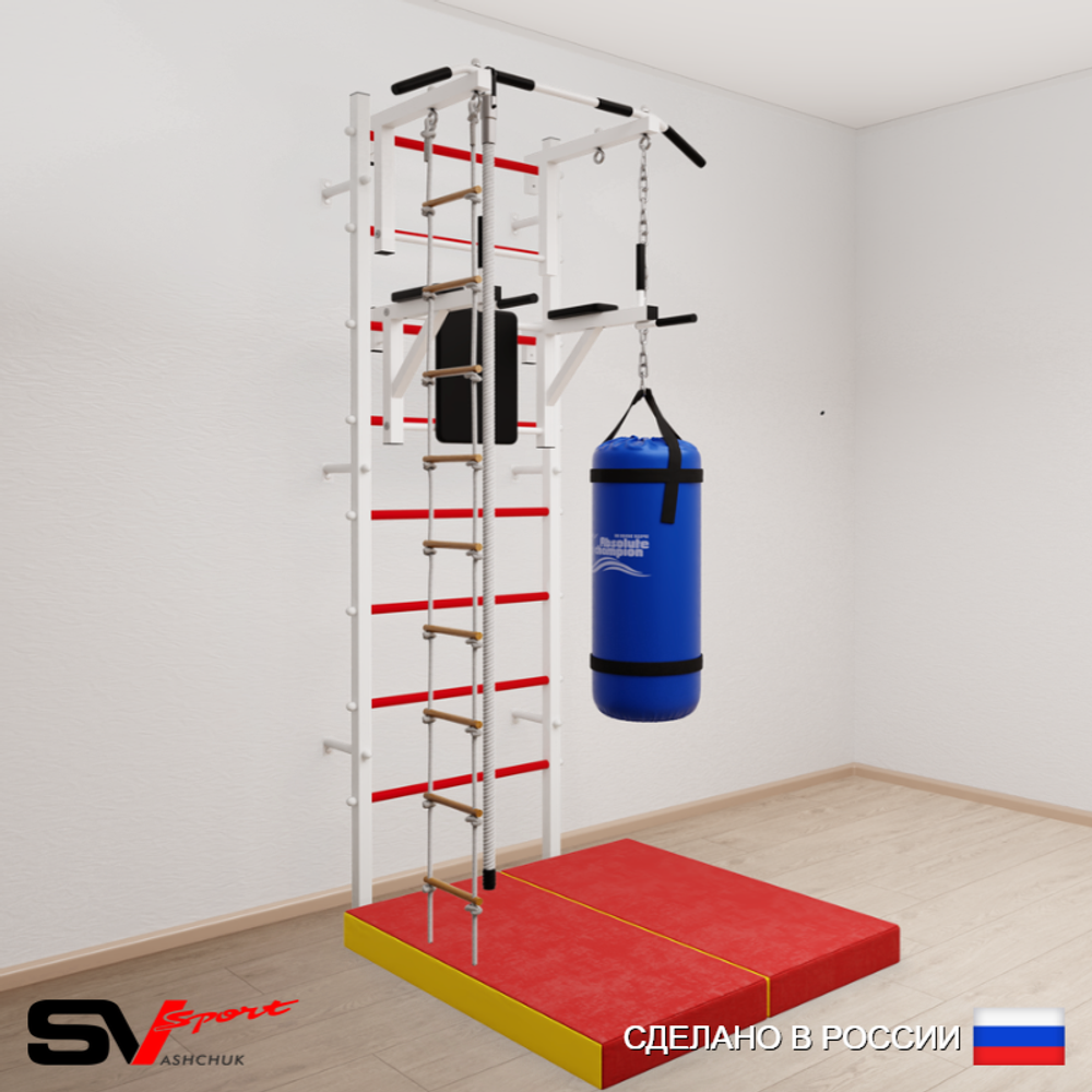 Шведская стенка Sv Sport усиленная 6757 (Турник стандарт/Брусья/Канат/Лестница/Цепь/Мешок 30кг/Мат 1м)