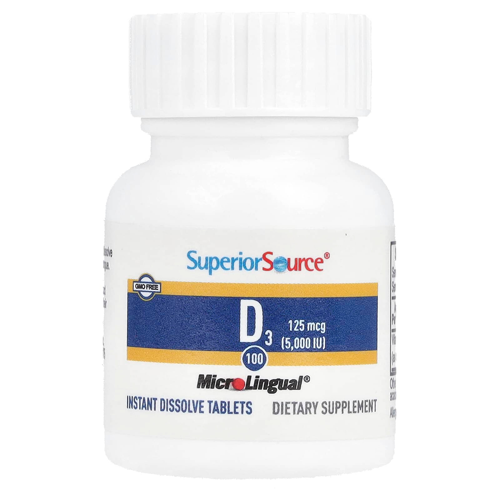 Superior Source, витамин D3, 125 мкг (5000 МЕ), 100 быстрорастворимых таблеток MicroLingual®
