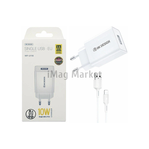 Сетевое зарядное устройство WK Design WP-U118i, 1 USB-A, 10W, 2A + кабель Lightning, 1 м, белый