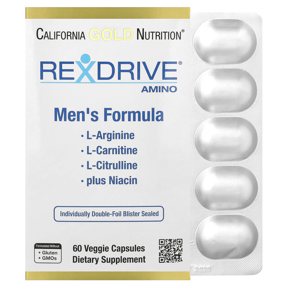 California Gold Nutrition, Rexdrive® Amino, добавка для мужчин с L-аргинина гидрохлоридом, L-цитруллином, ацетил-L-карнитин аргината дигидрохлоридом и глицин пропионил-L-карнитина гидрохлоридом, 60 растительных капсул