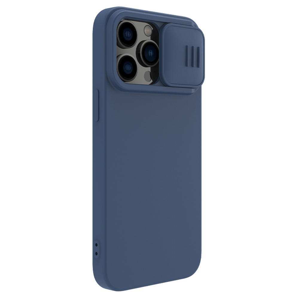 Чехол с шелковистым покрытием от Nillkin для iPhone 14 Pro Max, серия CamShield Silky Silicone Case с защитной шторкой для камеры, цвет синий Midnight Blue