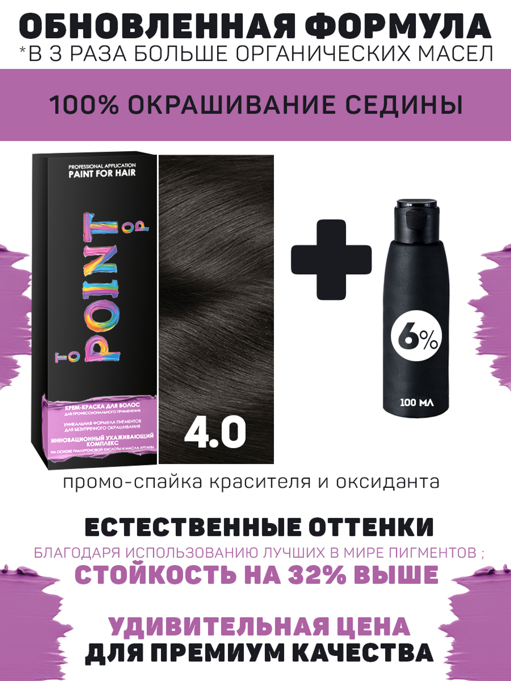 !POINT. ПРОМО Краска для волос для проф.прим., тон №4.0, Шатен + 6% оксид, 100/100мл*