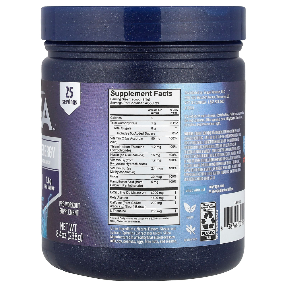 Vega, Pre-Workout Energy, голубая малина, 238 г (8,4 унции)