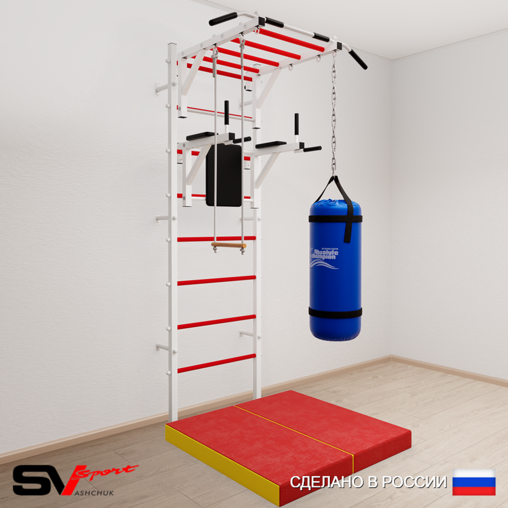 Шведская стенка Sv Sport усиленная 6435 (Турник рукоход/Брусья/Трапеция/Цепь/Мешок 15кг/Мат 1м)