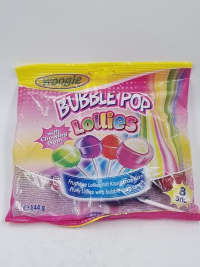 Woogie Карамель леденцовая на палочке Bubble Pop с фруктовым вкусом и жевательной резинкой внутри, 144 г
