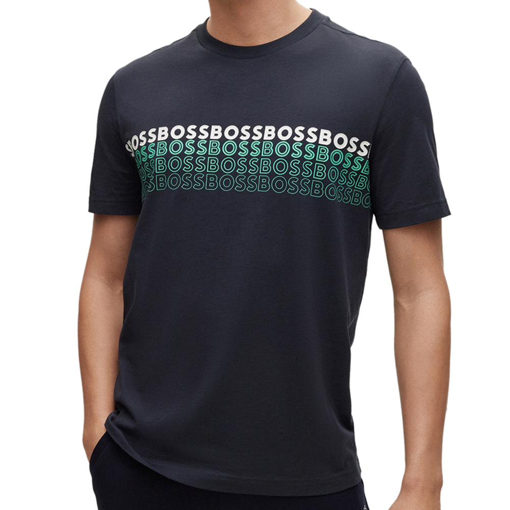 Футболка мужская теннисная BOSS x Matteo Berrettini Crew-Neck T-Shirt in Cotton With Multi-Coloured Logos Tee - dark blue