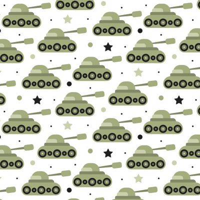 Купить детскую ткань Танки. Военные машинки на белом. Army cars green tanks fabric print on white.
