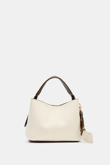 ZARA ХОЛЩОВАЯ СУМКА С ПЛЕТЕНОЙ РУЧКОЙ, СВЕТЛО-БЕЖЕВЫЙ