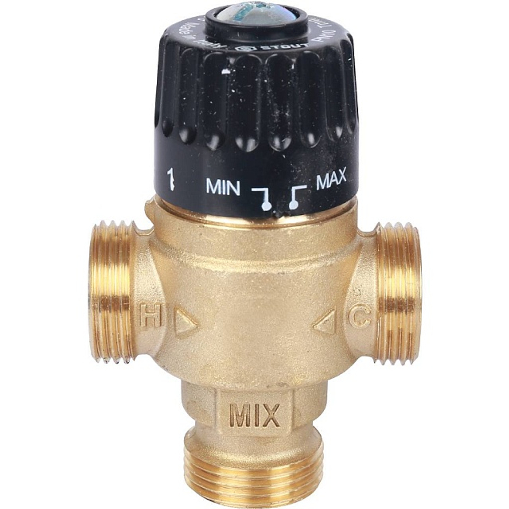 Клапан термостатический смесительный STOUT - 3/4" (НР, 30-65°C, Kvs 2.3, T-образное смешивание)