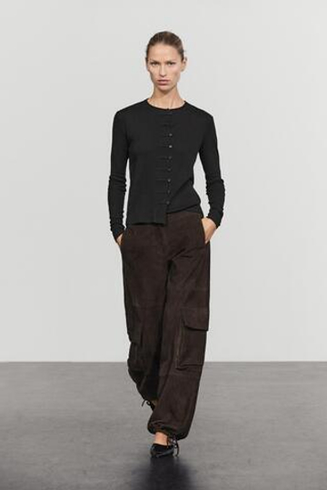 Massimo Dutti Футболка из смесового хлопка с пуговицами, черный