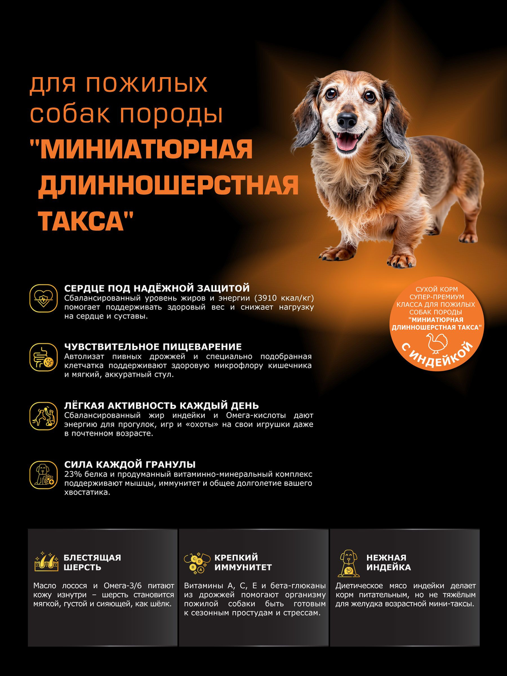 Корм сухой для пожилых собак породы Миниатюрная длинношерстная такса старше 7 лет, с индейкой, 12 кг, QUATTRO