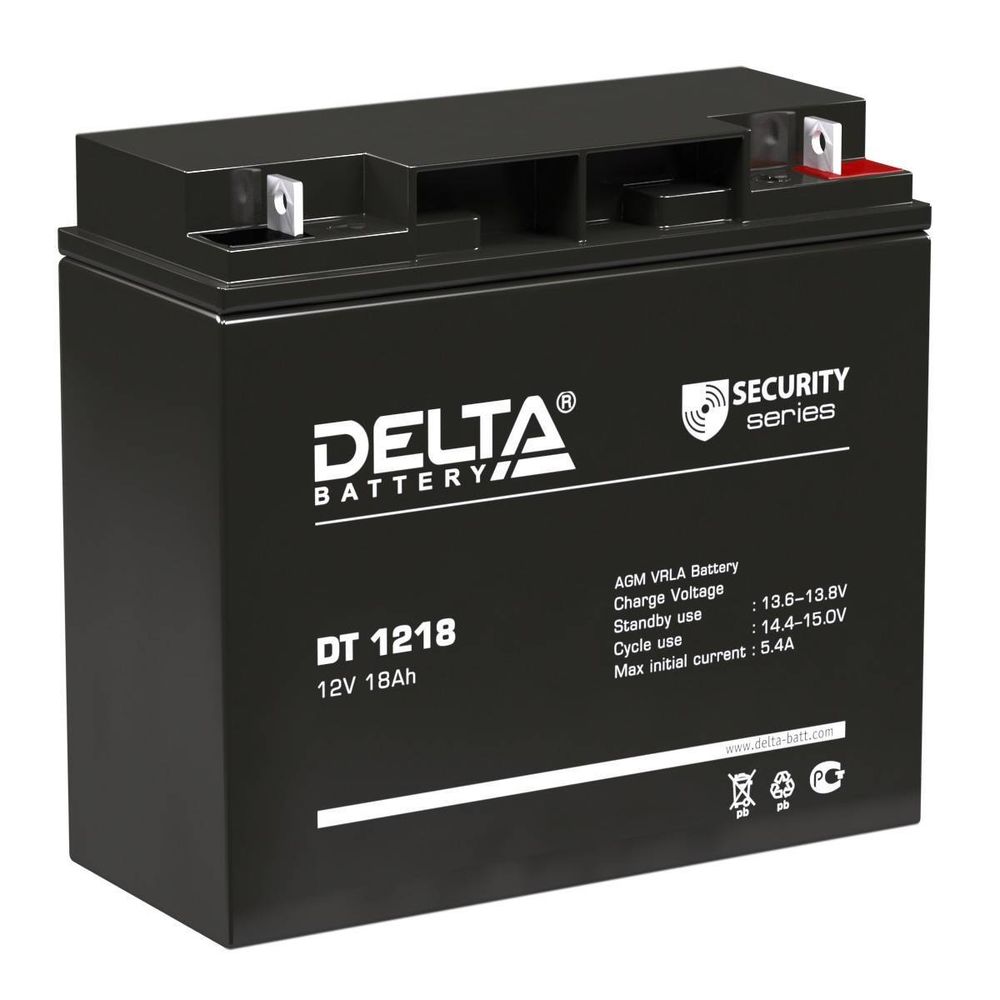 Аккумуляторная батарея Delta DT 1218 напряжение 12В, емкость 18Ач (181х76х168mm) Аккумуляторная батарея Delta DT 1218 напряжение 12В, емкость 18Ач (181х76х168mm)