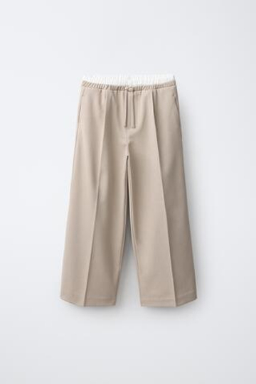 ZARA БРЮКИ WIDE LEG С ДВОЙНЫМ ПОЯСОМ, СВЕТЛО-БЕЖЕВЫЙ
