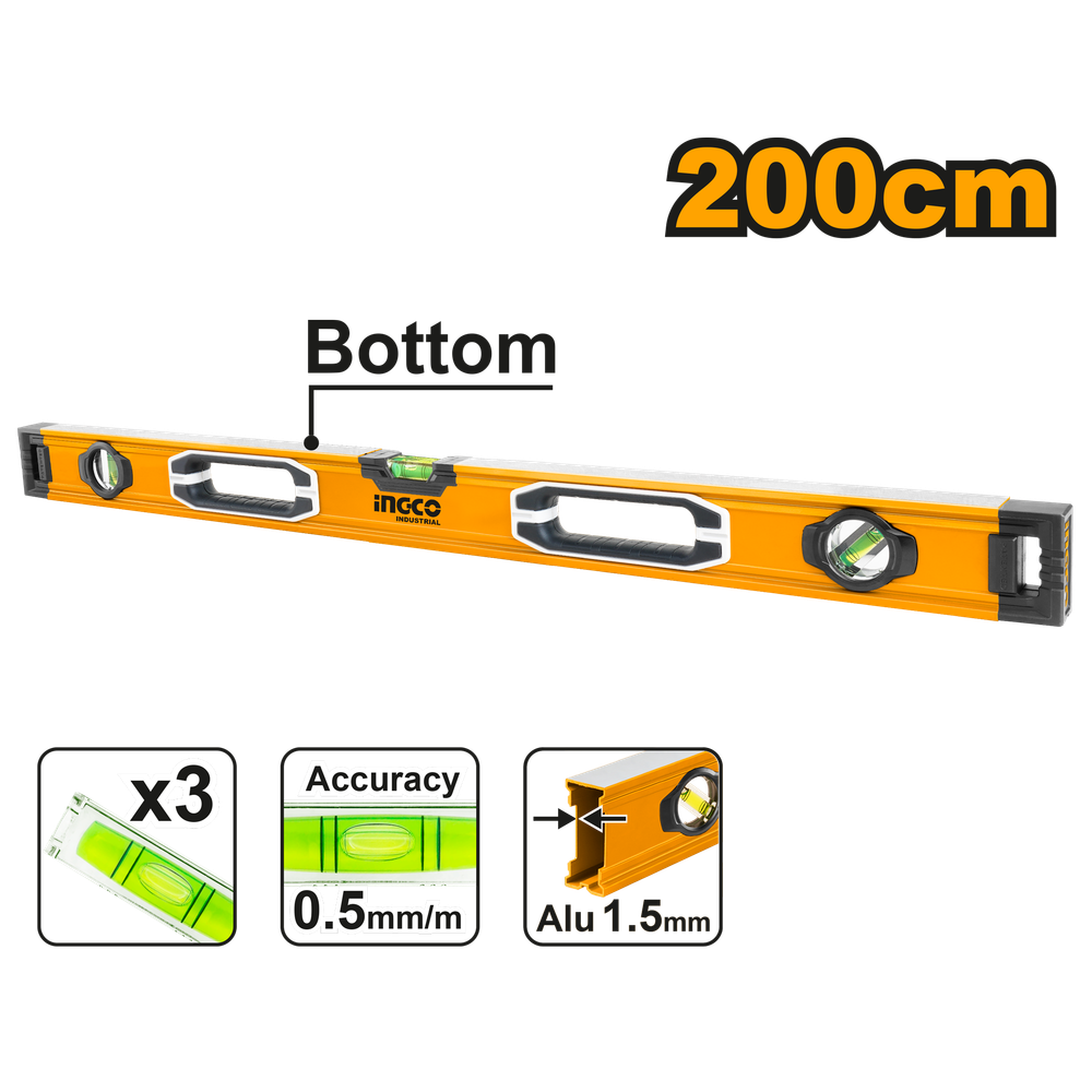 Строительный алюминиевый уровень INGCO HSL08200 INDUSTRIAL 200см Строительный алюминиевый уровень INGCO HSL08200 INDUSTRIAL 200см