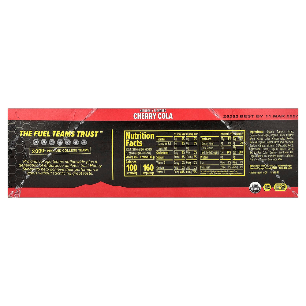 Honey Stinger, жевательные таблетки с кофеином, вишня, 12 пакетиков по 50 г (1,8 унции)