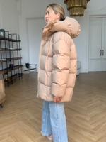 Пуховик средней длины с поясом Sesame Beige