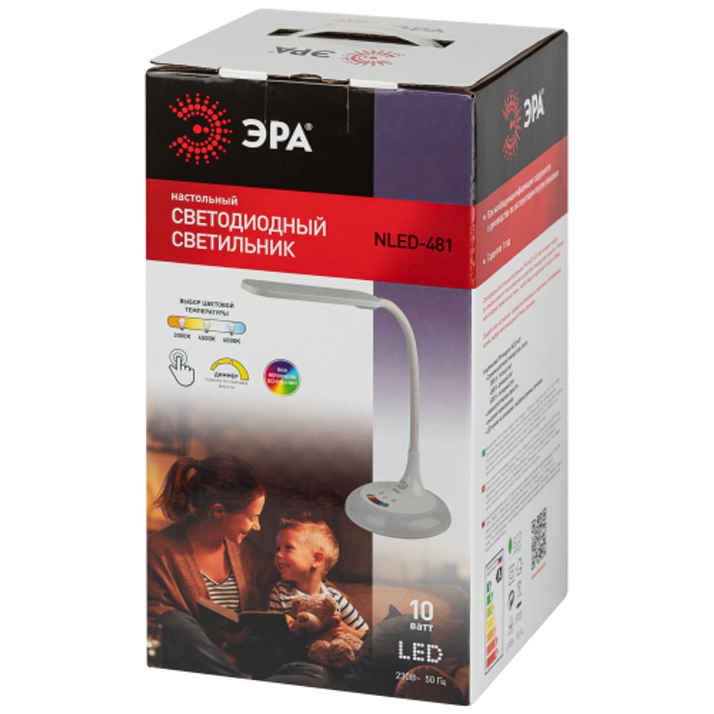 Настольный светильник ЭРА NLED-481-10W-W светодиодный с RGB ночником белый | Светодиодные настольные лампы