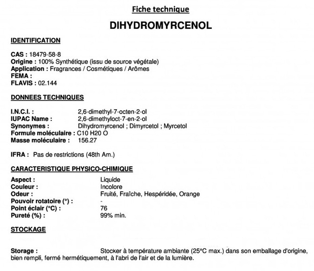 DIHYDROMYRCENOL / ДИГИДРОМИРЦЕНОЛ CAS 18479-58-8