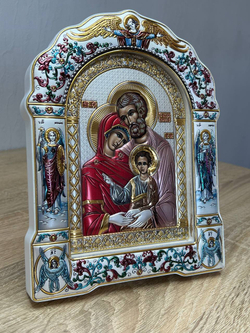 Св. Семейство, икона арочная с рамкой под стеклом, белое дерево, эмаль 167х228