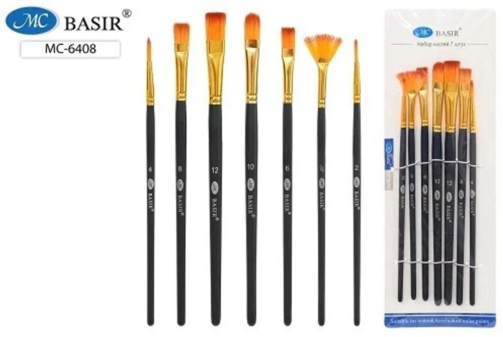 Кисти набор BASIR 7шт. худож, нейлон (№2,3,4,6,8,10,12) MС-6408 *24