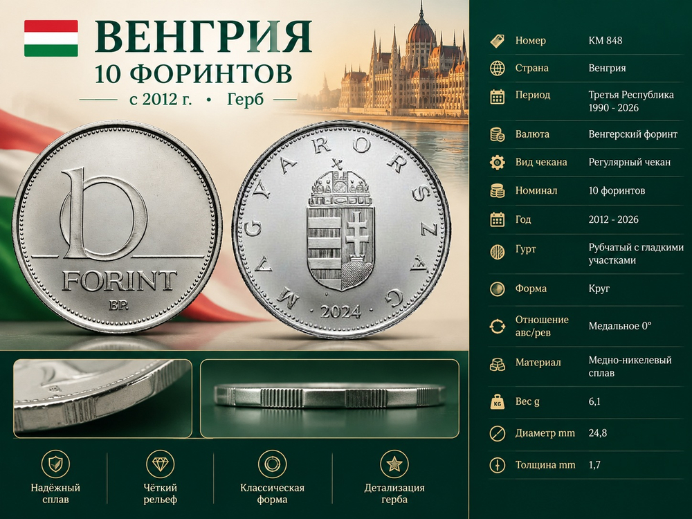 Венгрия 10 форинтов, 2024 Герб XF
