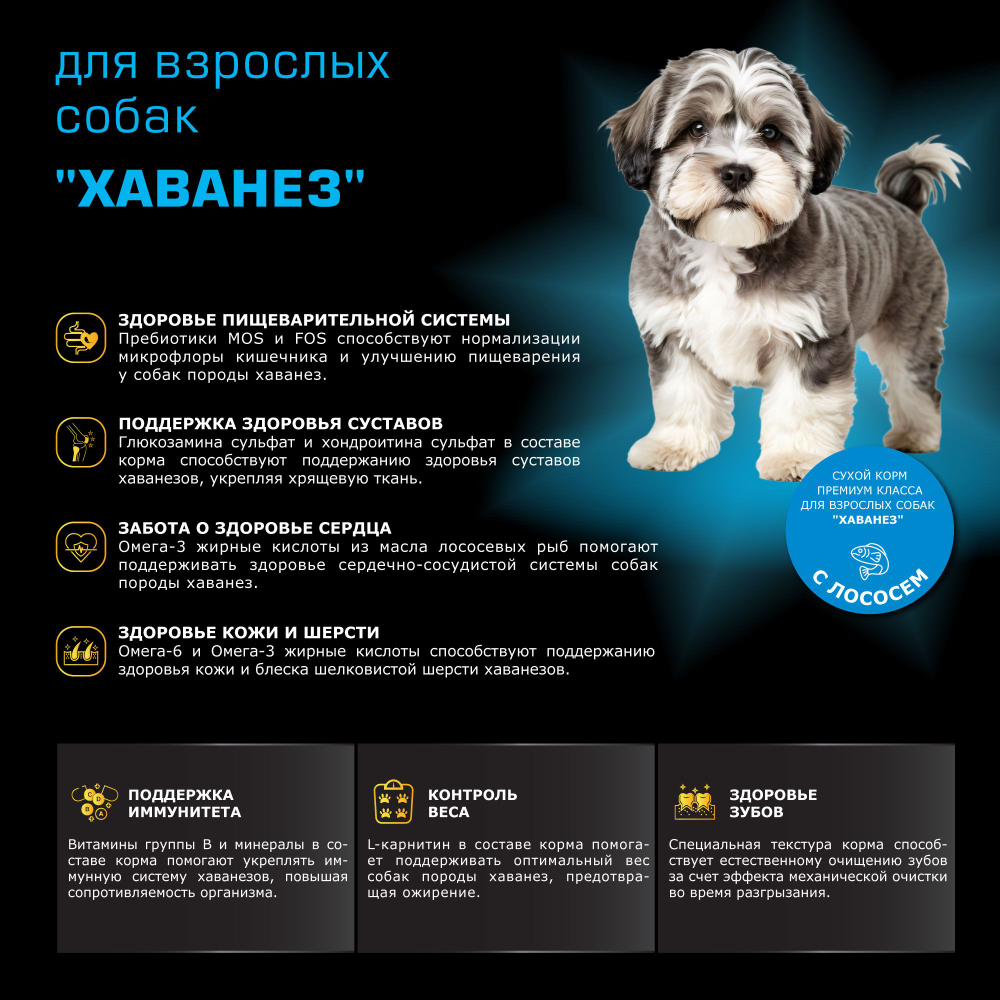 Корм сухой для взрослых собак породы Хаванез, с лососем, 800 гр, QUATTRO