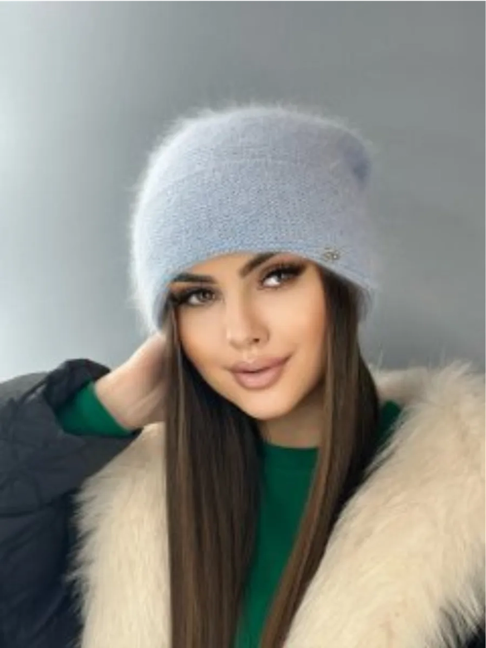 шапка зимняя вязаная ангора с пайетками