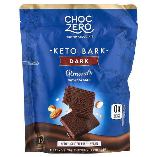 ChocZero, Keto Bark, темный шоколад, миндаль с морской солью, 15 мини-батончиков, 170 г (6 унций)