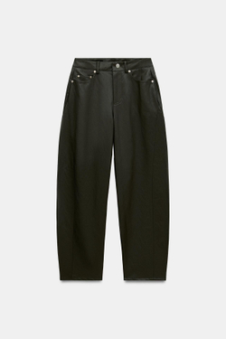 ZARA БРЮКИ BARREL ПОД КОЖУ, ТЕМНЫЙ ХАКИ