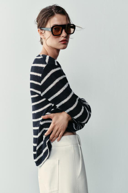 ZARA ФУТБОЛКА В ПОЛОСКУ С ВОРОТНИКОМ НА ПУГОВИЦАХ, СИНИЙ/БЕЛЫЙ
