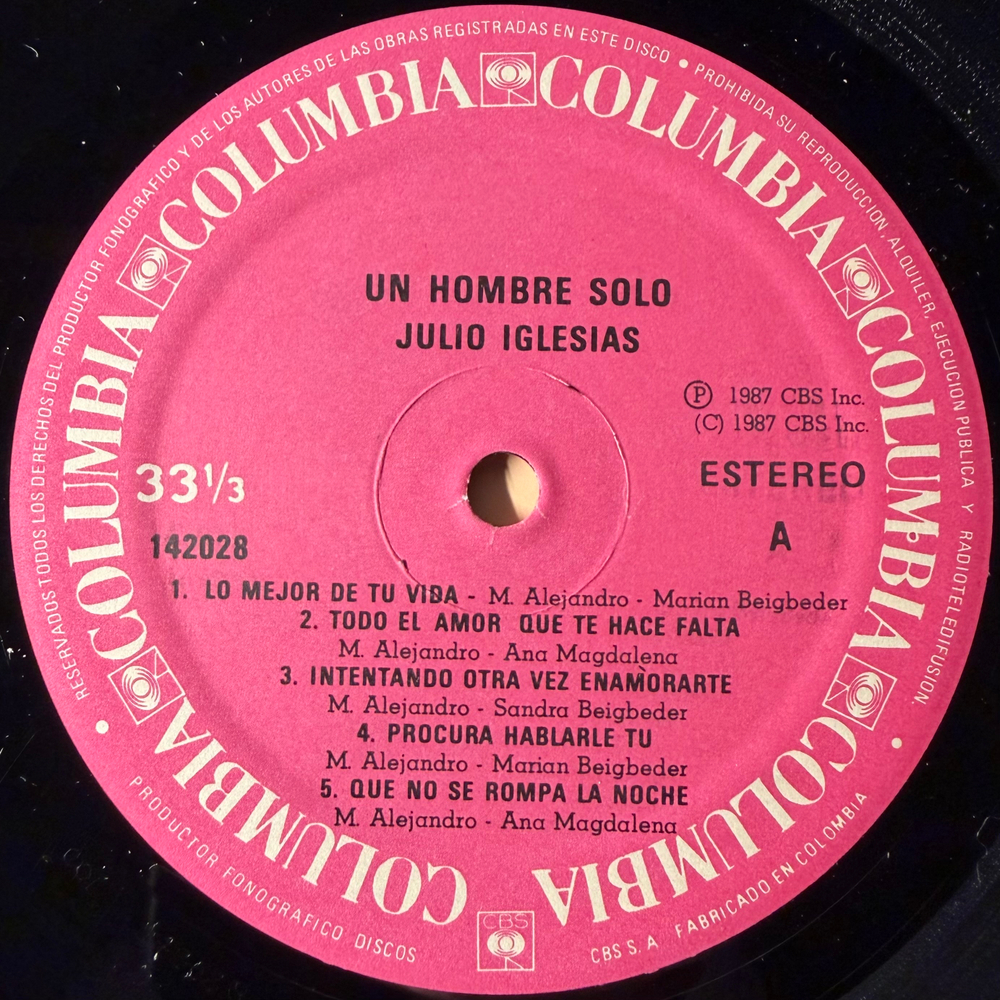 Julio Iglesias ‎– Un Hombre Solo (Колумбия 1987г.)