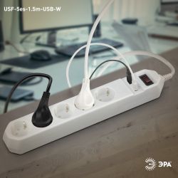 Сетевой фильтр ЭРА USF-5es-1.5m-USB-W с базовой защитой с заземлением с выключателем 5 розеток 1,5м 2хUSB 10А белый | Электротовары