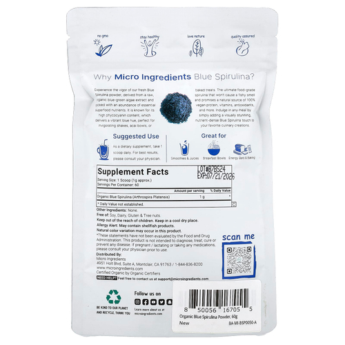 Micro Ingredients, Органическая голубая спирулина, 60 г (2 унции)