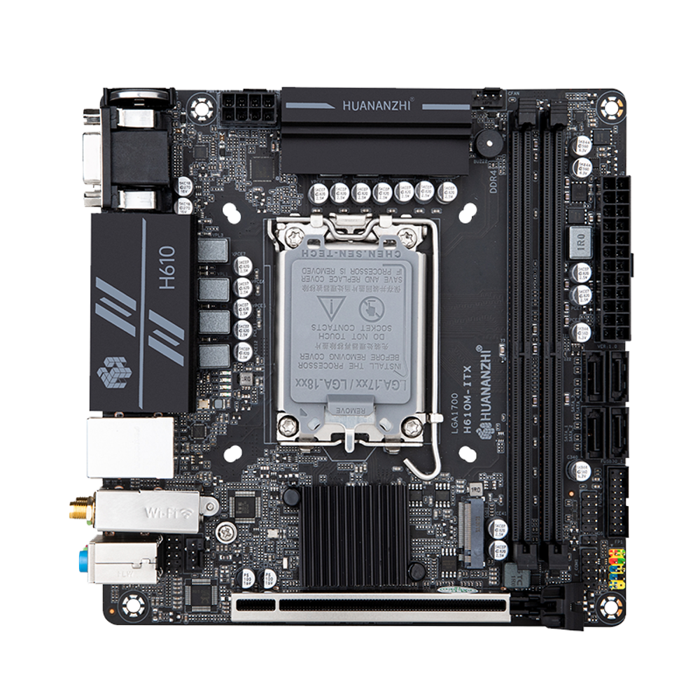 Материнская плата HUANANZHI H610M-ITX, Socket1700, Mini-ITX, Retail, 2xDDR4, PCIe5.0, 1xM.2, GLAN, M.2 WiFi, 5xUSB2, 4xUSB3, VGA, HDMI, DP (HNZ-H610M-ITX)