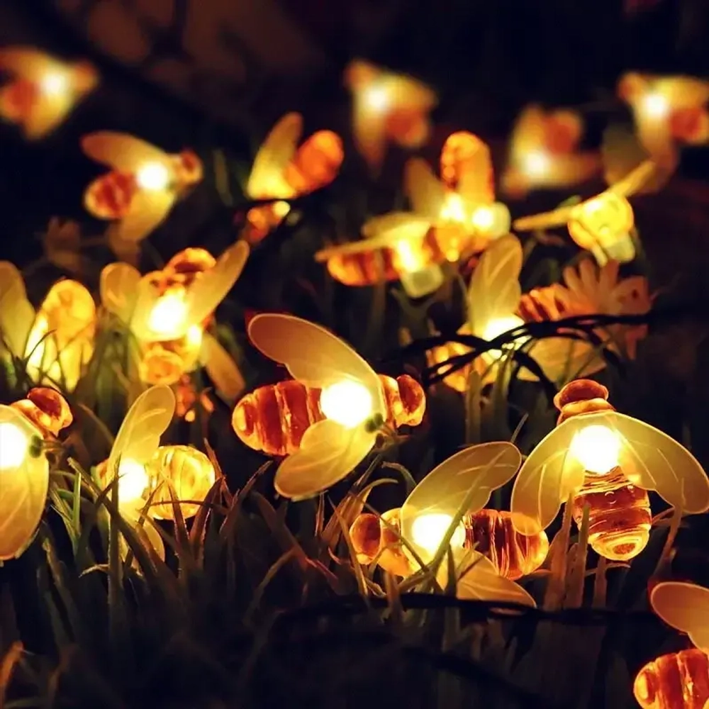 Гирлянда для улицы «Пчёлка» 3м, 20 ламп LED чёрный провод, 2 реж, IP-55, Теплый белый (солнечная батарея).