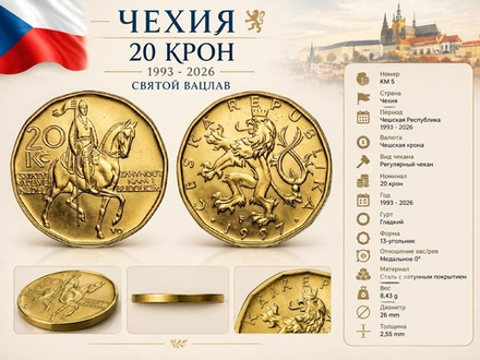 Чехия 20 крон, 1997 Святой Вацлав XF