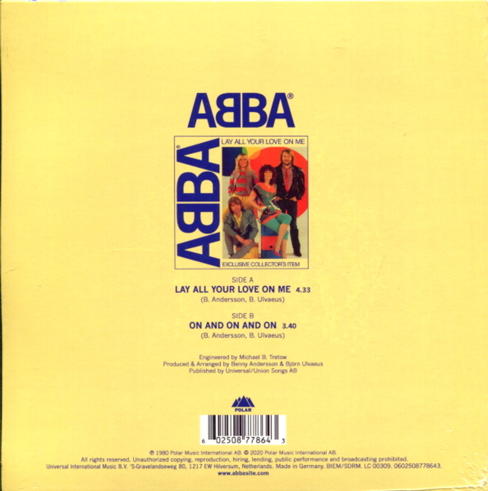 ABBA / Lay All Your Love On Me + On And On And On (Picture Disc)(7" Vinyl Single)