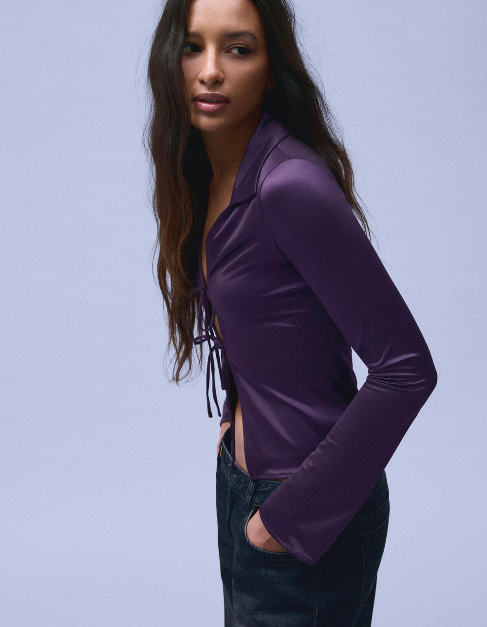 Женский сатиновый топ с длинными рукавами и бантами - BERSHKA