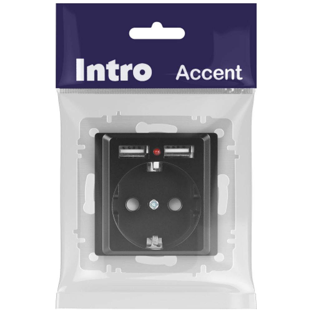 Розетка Intro Accent 6-410-05 с заземлением 2P+E Schuko со шторками 16А-250В + 2хUSB IP20 СУ антрацит | Intro